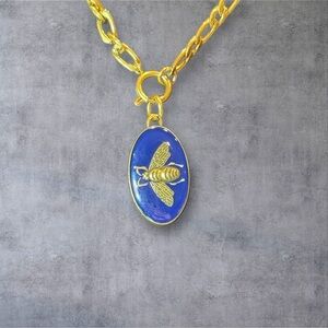 Upcycled Gucci Gold and Navy Blue Bee Pendant Necklace
